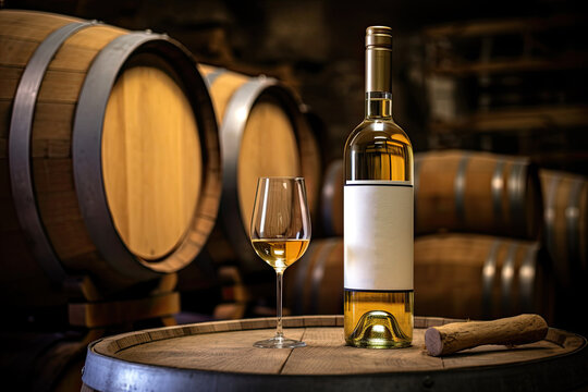 Luxury bottle of white wine with a filled glass on the background of wine barrels.