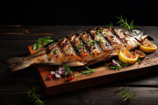 Grilled fish with lemon and herbs on a wooden board.