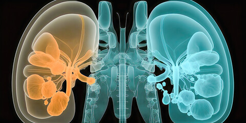 X-ray of the urinary tract, showing the bladder, ureters, and kidneys - Generative AI - obrazy, fototapety, plakaty