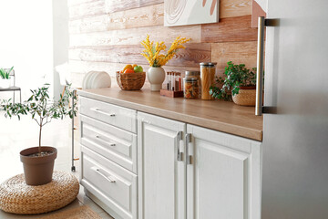 Fototapeta na wymiar Interior of kitchen with stylish fridge, counters and houseplant
