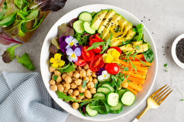 Vegan Buddha Bowl with Chickpeas, Avocado and Fresh Vegetables, Healthy Eating, Vegetarian Meal