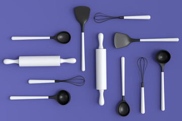 Wooden kitchen utensils, tools and equipment on violet background.