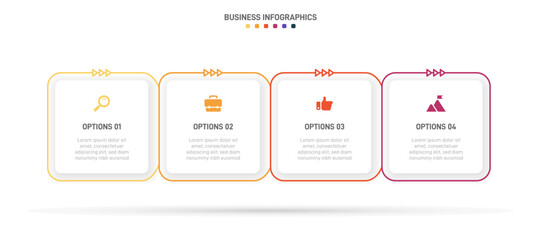 Timeline infographic with infochart. Modern presentation template with 4 spets for business process. Website template on white background for concept modern design. Horizontal layout.