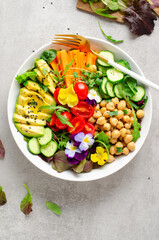 Vegan Buddha Bowl with Chickpeas, Avocado and Fresh Vegetables, Healthy Eating, Vegetarian Meal