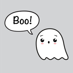 Cute friendly ghost and speech bubble with text for Halloween party - "Boo!". Vector illustration