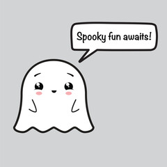 Cute friendly ghost and speech bubble with text for Halloween party - "Spooky fun awaits!". Vector illustration