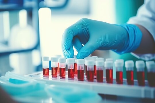 Hands of a lab technician with a tube of blood sample and a rack with other samples. Technician holding blood tube test in the research laboratory