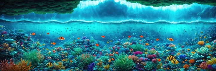 Fototapeta na wymiar Underwater scene. Coral reef, colorful fish groups and sunny sky shining through clean ocean water. Banner. Generative AI