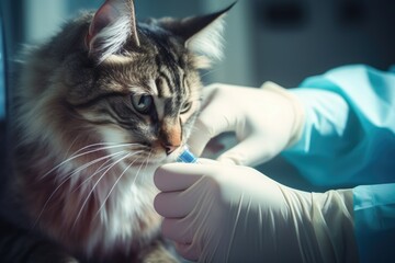 Veterinarian giving injection cat. Doctor installs a catheter for a drip. Professional vet in a modern veterinary clinic. Pet health closeup concep