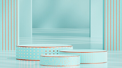 Three round podiums with gold pattern. Background for product presentation. Light turquoise color. Sunlight and shadows on the walls and floor.