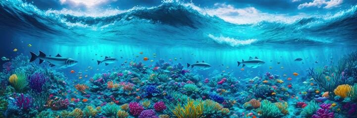 Underwater Scene With Coral Reef And Tropical Fish. Banner. Generative AI