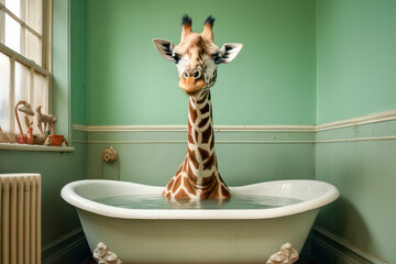 Giraffe taking a bath in a bathtub