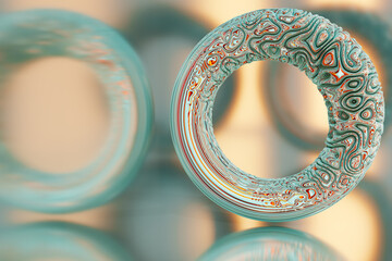 Abstract torus of blue and gold colors with a chaotic wavy deformation of the surface. Mirror reflections, light spots.