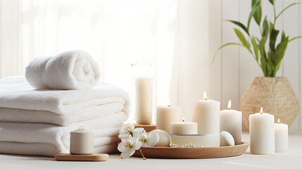 Wellness and Spa: spa accessories, candles, essential oils, and bath salts in a peaceful setting
Generative AI - obrazy, fototapety, plakaty