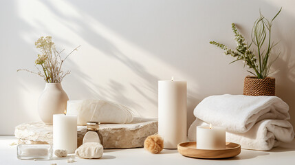 Wellness and Spa: spa accessories, candles, essential oils, and bath salts in a peaceful...