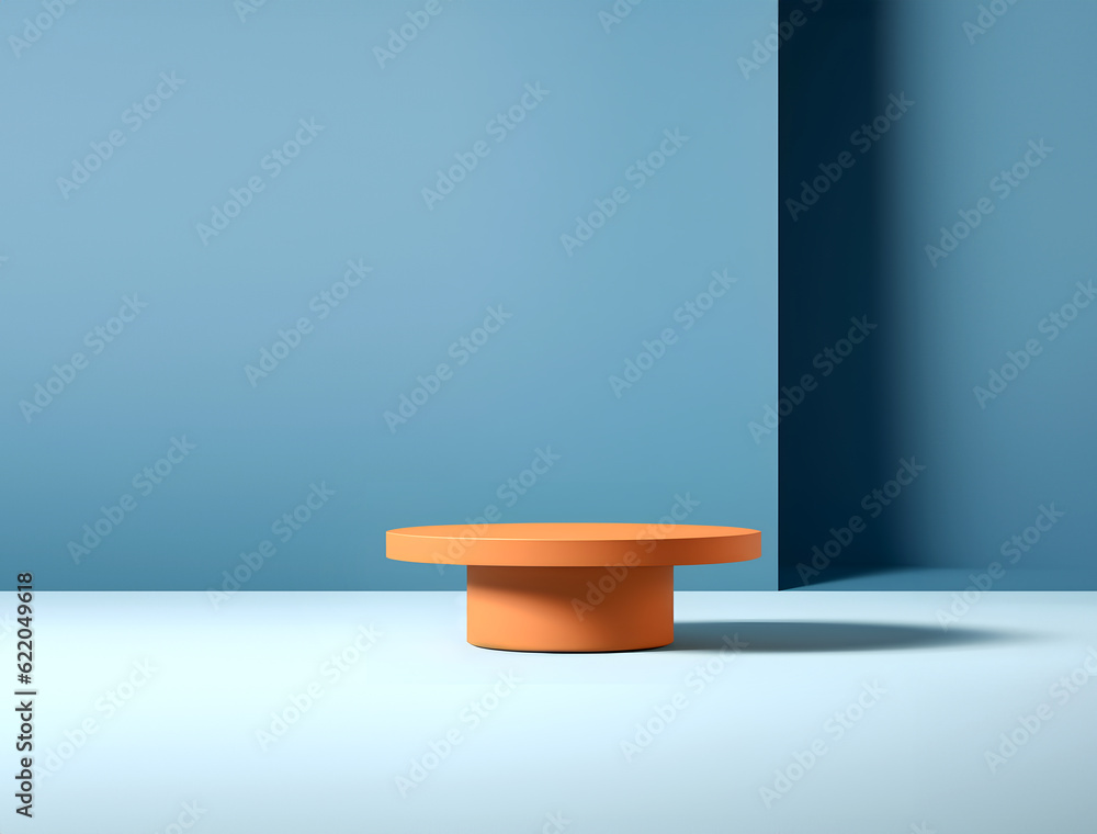 Fototapete abstract minimal concept. modern orange podium stage platform display on blue background room. mock 