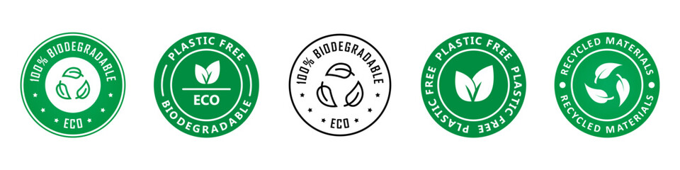 Biodegradable, plastic free, recycled - eco friendly package badges. Vector collection. - obrazy, fototapety, plakaty