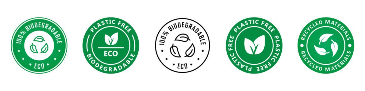 Biodegradable, plastic free, recycled - eco friendly package badges. Vector collection.