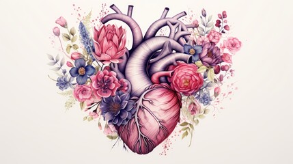 Human heart with flowers and leaves on white background, Colored, creative illustration. Visual for design of medical - obrazy, fototapety, plakaty