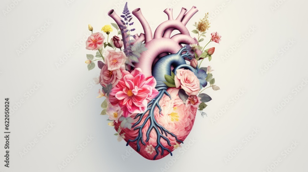 Wall mural Human heart with flowers and leaves on white background, Colored, creative illustration. Visual for design of medical