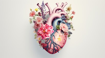 Human heart with flowers and leaves on white background, Colored, creative illustration. Visual for design of medical