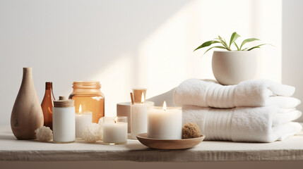 Wellness and Spa: spa accessories, candles, essential oils, and bath salts in a peaceful...