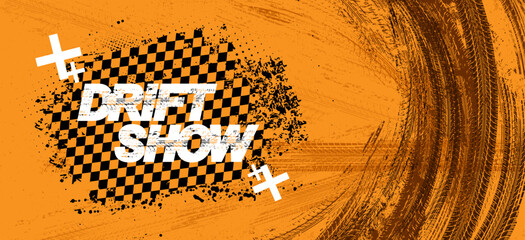 Auto sport grunge banner with tire tracks, drift show, racing, rally. Themed background for a car show, with tread marks on the pavement, a racing flag, drift rings. Wheel tread marks vector banner - obrazy, fototapety, plakaty