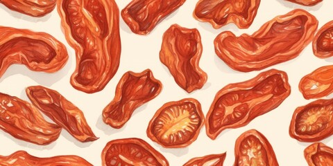 Organic Dried Tomatoes Vegetable Background, Horizontal Watercolor Illustration. Healthy Vegetarian Energy Snack. Ai Generated Soft Colored Watercolor Illustration with Dried Tomatoes Vegetable.