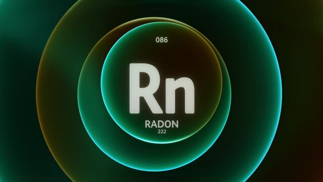Radon as Element 86 of the Periodic Table. Concept animation on abstract green orange gradient rings seamless loop background. Title design for science content and infographic showcase backdrop.