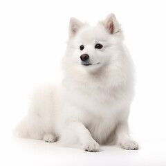 Japanese spitz dog close up portrait isolated on white background. Cute pet, loyal friend, good companion, generative AI