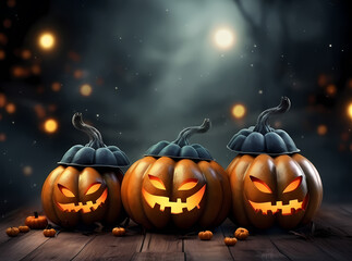 halloween jack o lantern pumpkin hanging mockup free space. template with ghost, cupcake, bats,candies and other elements. scary pumpkin with light inside dark background,autumn leaves generative ai