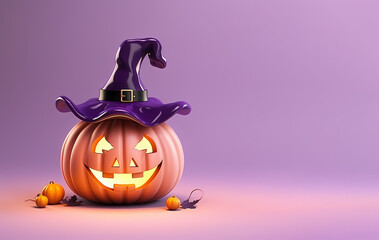 halloween jack o lantern pumpkin hanging mockup free space. template with ghost, cupcake, bats,candies and other elements. scary pumpkin with light inside dark background,autumn leaves generative ai