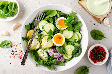 Green Buddha Bowl with Fresh Herbs and Vegetables, Healthy Balanced Meal, Bowl or Salad with Young Potatoes, Cucumber, Lettuce, Egg and Herb Dressing