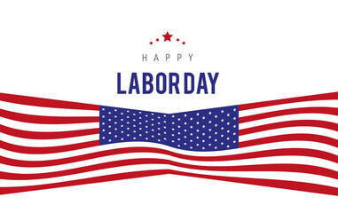 Cartel de dia laboral con tipografía y la bandera americana sobre un fondo blanco liso y aislado. Vista de frente y de cerca. Copy space