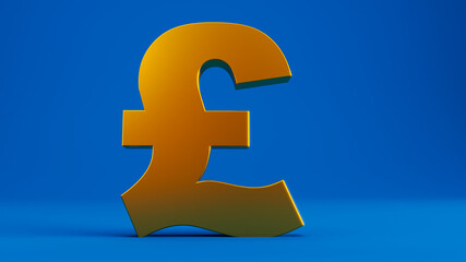 Fototapeta premium 3D render of gold pound sign on colord blue background, gold 1 pound