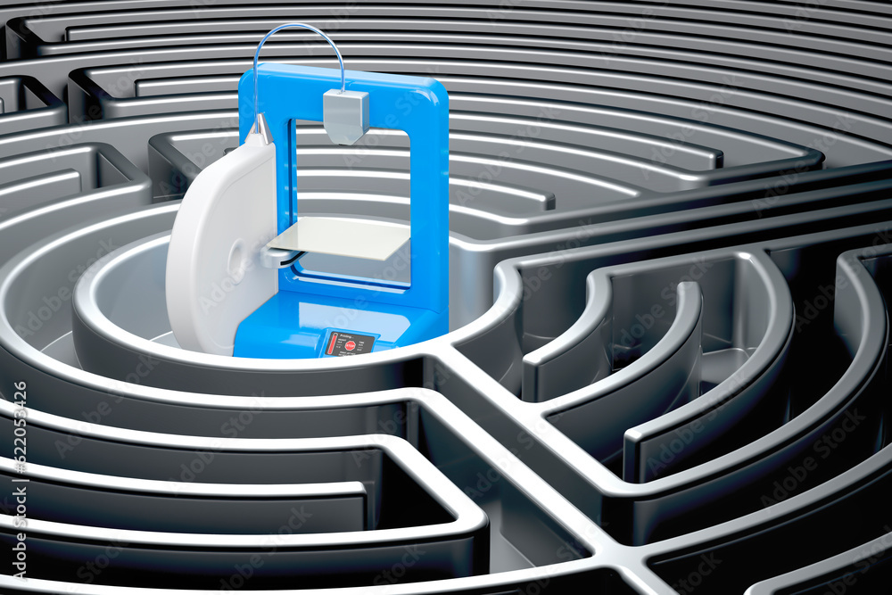 Poster 3d printer inside labyrinth maze. 3d rendering