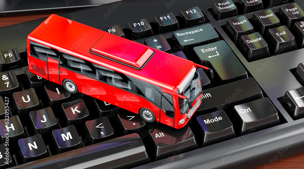 Poster bus on computer keyboard concept, 3d rendering