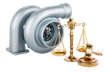 Car turbocharger with wooden gavel and scales of justice. 3D rendering