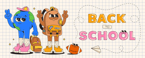 Fototapeta premium Back to school banner. Groovy retro cartoon characters. Cute backpack and earth planet. Contemporary vector illustration.