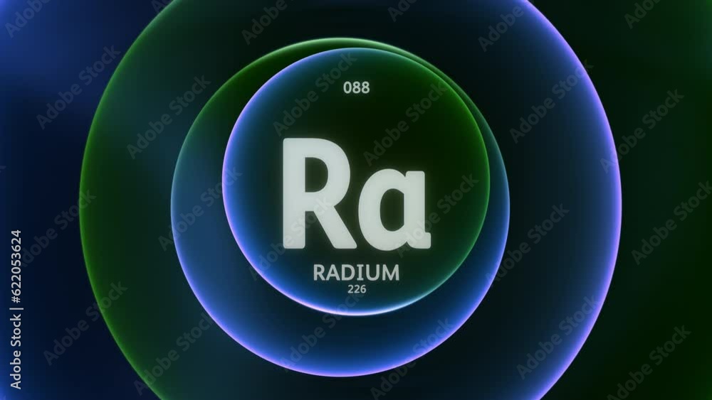 Sticker radium as element 88 of the periodic table. concept animation on abstract green blue gradient rings 