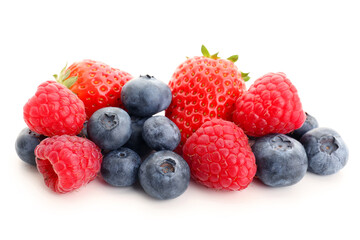 Ripe blueberry, strawberry and raspberry on white background