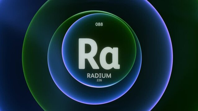 Radium as Element 88 of the Periodic Table. Concept animation on abstract green blue gradient rings seamless loop background. Title design for science content and infographic showcase backdrop.