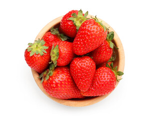 Bowl with ripe strawberry on white background