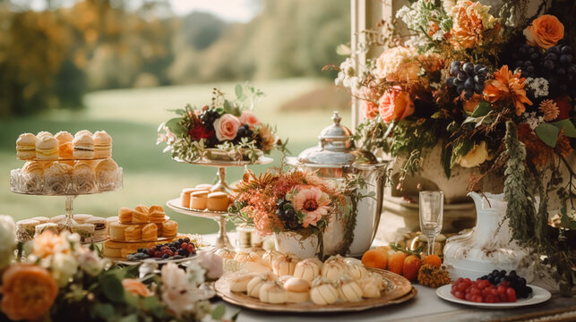 Autumnal dessert buffet table, event food catering for wedding, party and holiday celebration, cakes, sweets and desserts in autumn garden, generative ai
