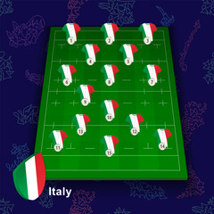 Italy national rugby team on the rugby field. Illustration of players position on field.