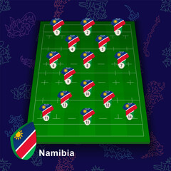 Namibia national rugby team on the rugby field. Illustration of players position on field.