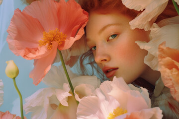  portrait of a woman/model/book character surrounded by flowers in daylight with a thoughtful expression in a fashion/beauty editorial magazine style film photography look - generative ai art - obrazy, fototapety, plakaty