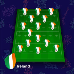 Ireland national rugby team on the rugby field. Illustration of players position on field.