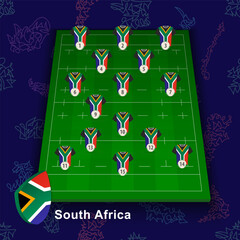 South Africa national rugby team on the rugby field. Illustration of players position on field.