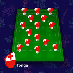 Tonga national rugby team on the rugby field. Illustration of players position on field.